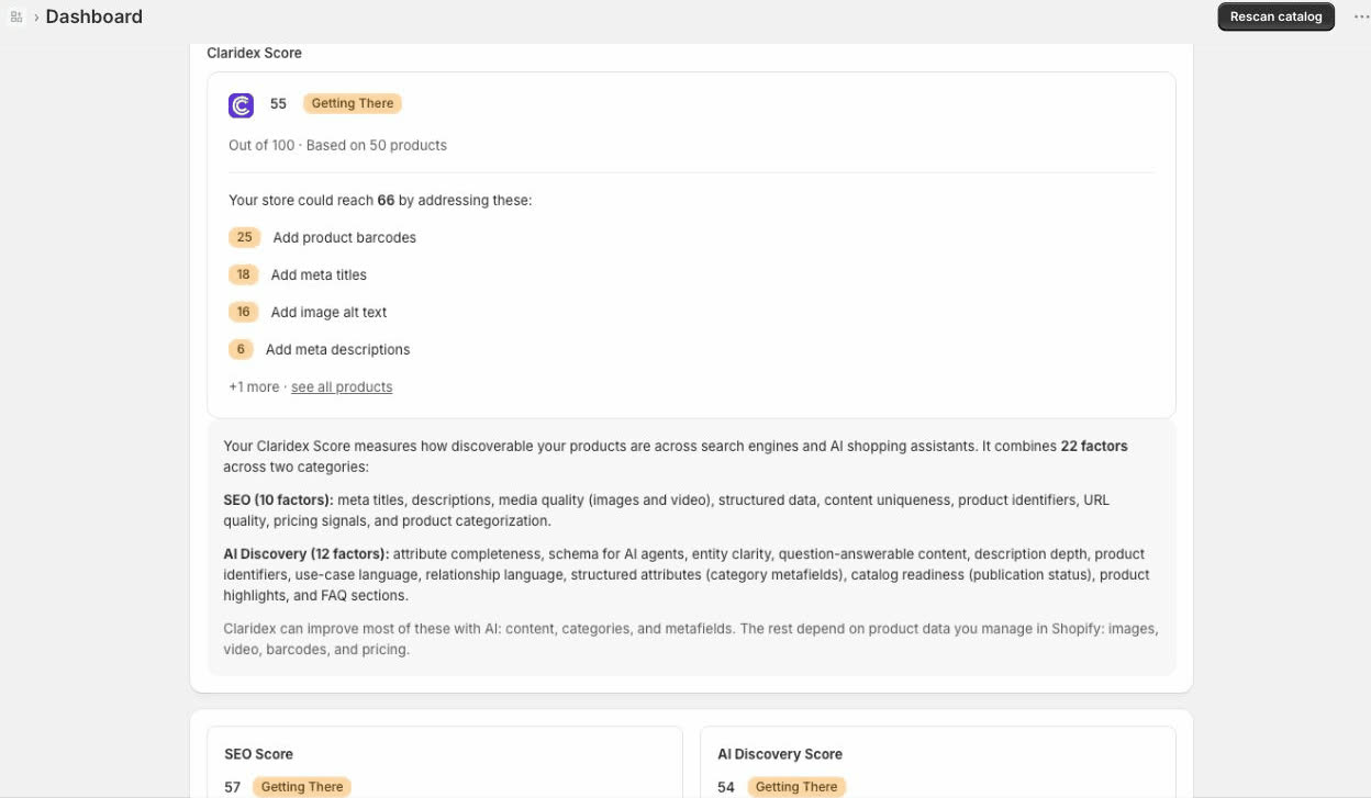 Claridex dashboard showing the store Claridex Score and the fixes that raise it