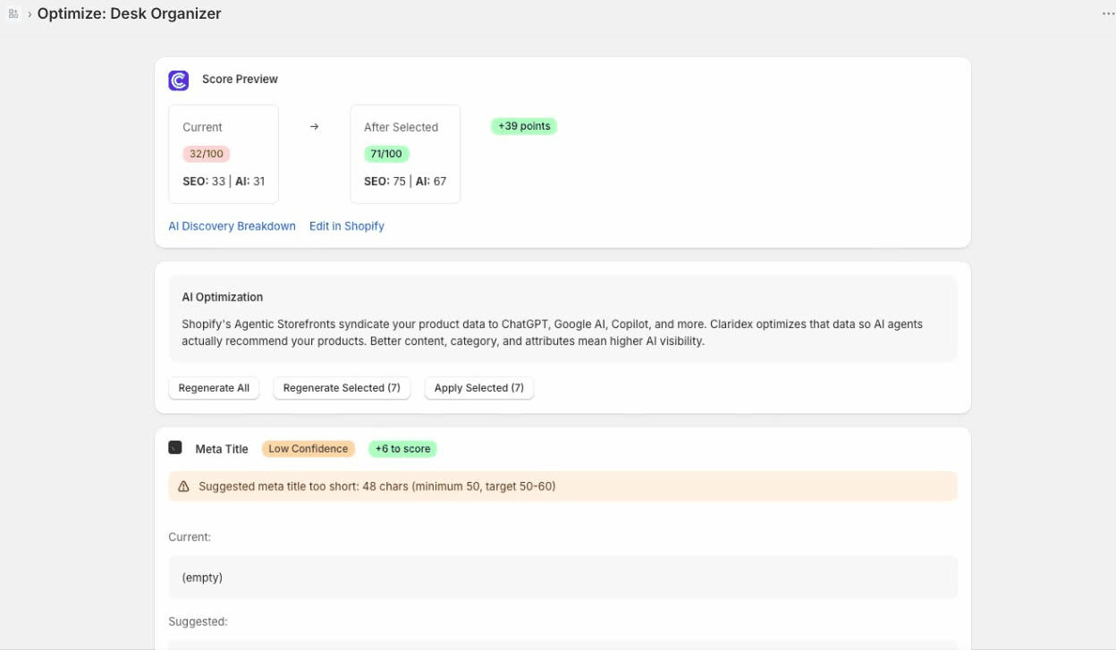 Optimize page showing a live score preview before applying AI suggestions