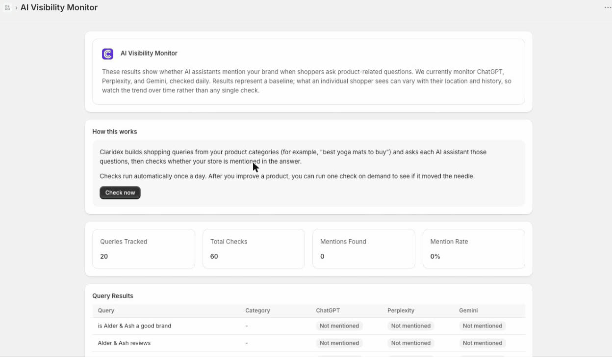AI Visibility Monitor showing daily checks across AI assistants